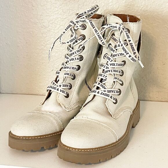 Zadig & Voltaire Joe Canvas military boots in color flash in cream New. 39/8 - Picture 16 of 16